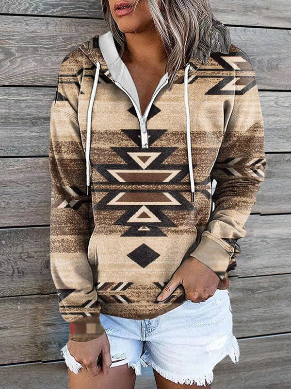 Women’s Bohemian Style Quarter Zip Hoodie With Drawstrings And Front Pocket