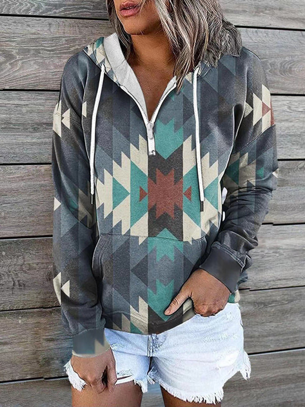 Women’s Bohemian Style Quarter Zip Hoodie With Drawstrings And Front Pocket