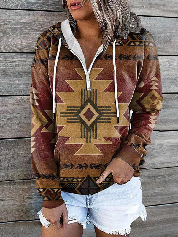 Women’s Bohemian Style Quarter Zip Hoodie With Drawstrings And Front Pocket