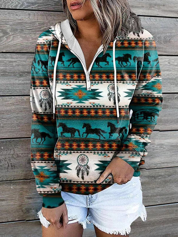 Women’s Bohemian Style Quarter Zip Hoodie With Drawstrings And Front Pocket