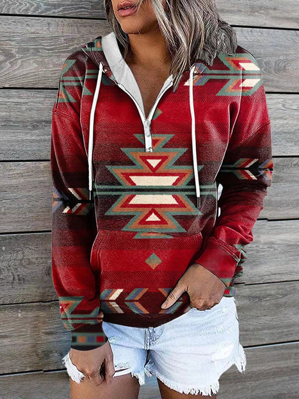 Women’s Bohemian Style Quarter Zip Hoodie With Drawstrings And Front Pocket