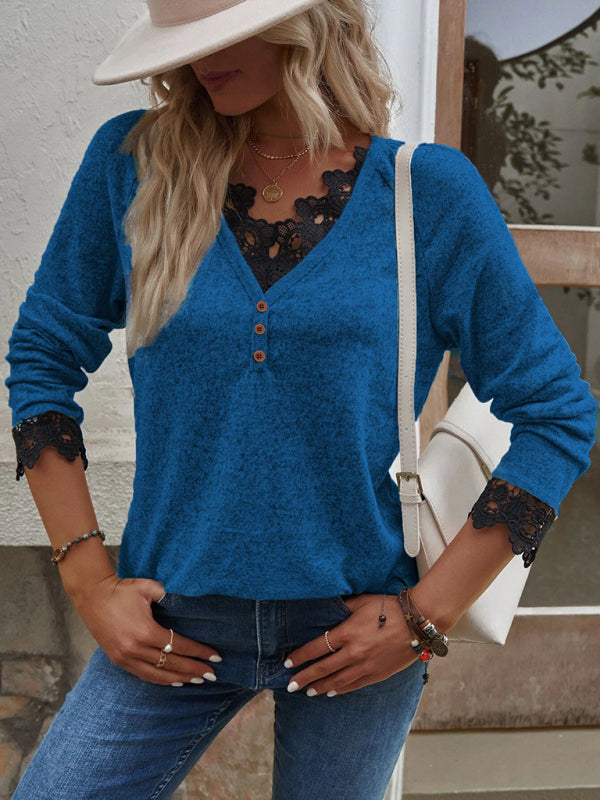 Women’s Solid Color V Neck Button Top Lace Cuffs Henley Top