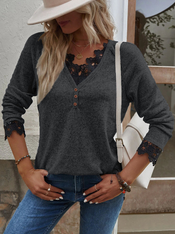 Women’s Solid Color V Neck Button Top Lace Cuffs Henley Top