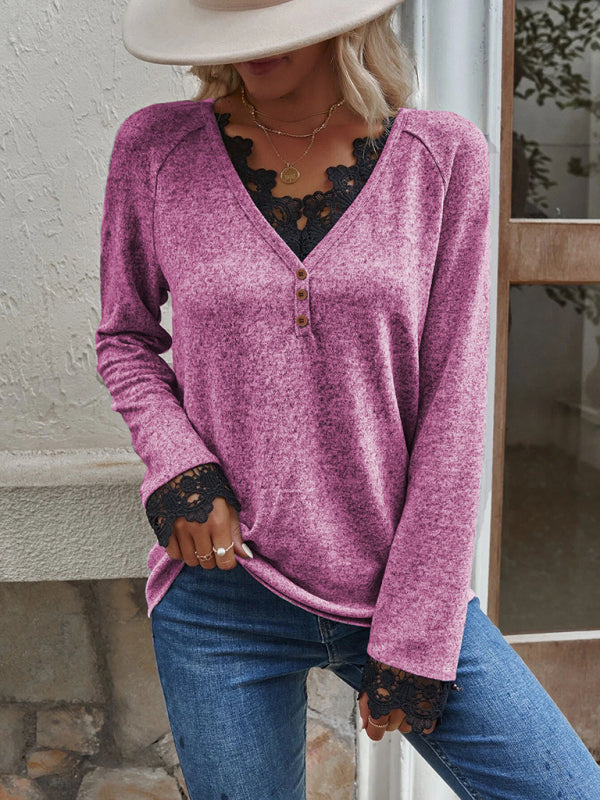 Women’s Solid Color V Neck Button Top Lace Cuffs Henley Top