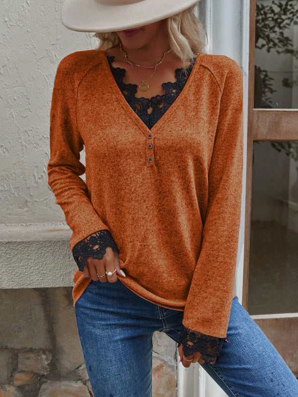 Women’s Solid Color V Neck Button Top Lace Cuffs Henley Top