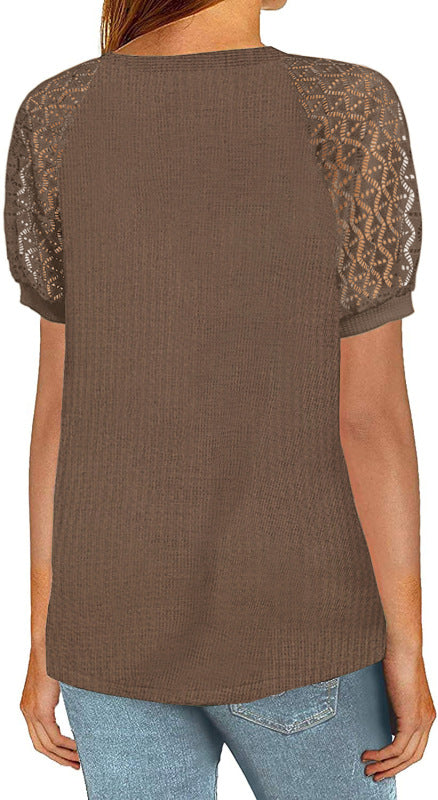 Women’s Solid Color Puff Lace Sleeve Waffle Knit Top