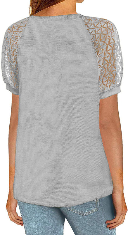 Women’s Solid Color Puff Lace Sleeve Waffle Knit Top