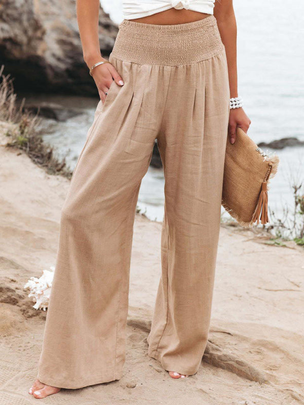 Casual wide-leg cotton and linen loose trousers