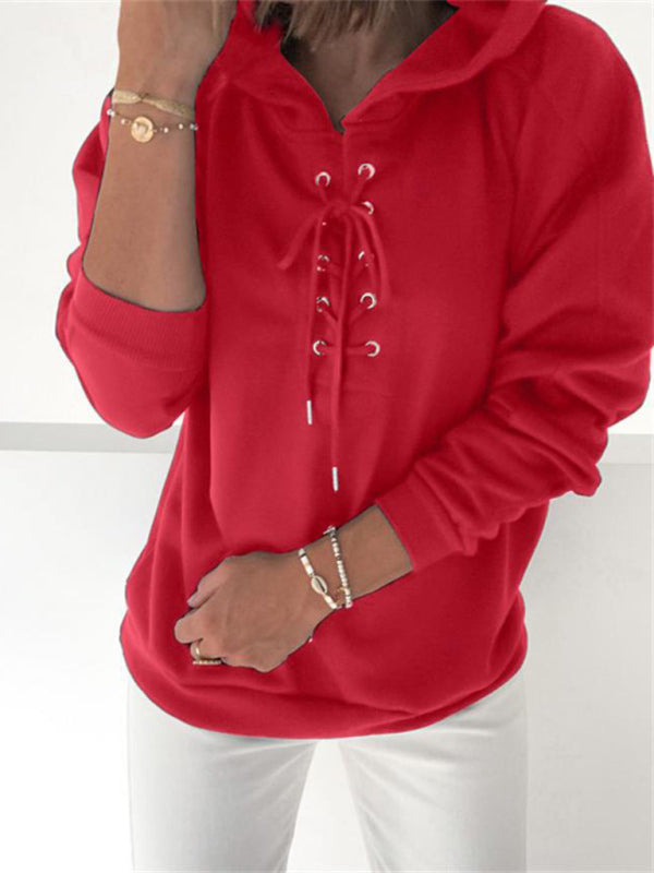 Women's Solid Color Lace Up Long Sleeve Hoodie