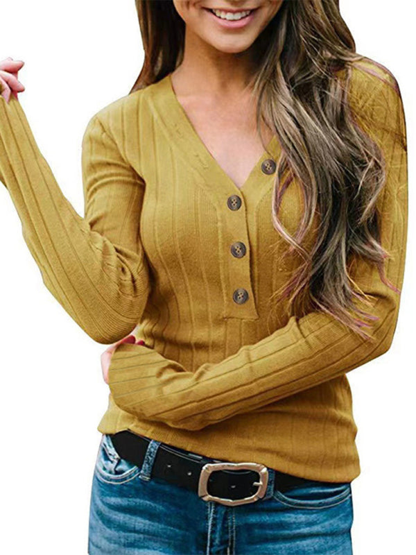 Women's Solid Color Long Sleeve Rib Long Sleeve Henley Top