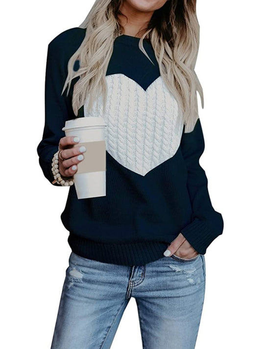Women's "heart" Front Print Cable Knit Sweater
