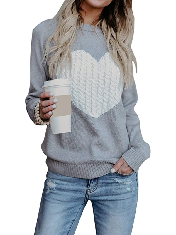 Women's "heart" Front Print Cable Knit Sweater