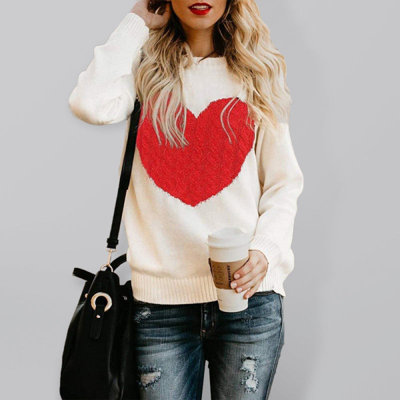 Women's "heart" Front Print Cable Knit Sweater