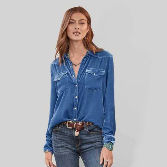 Women's Solid Color Utility Velvet Button Up Shirt