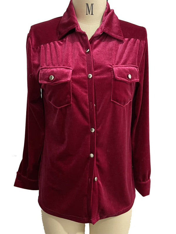 Women's Solid Color Utility Velvet Button Up Shirt