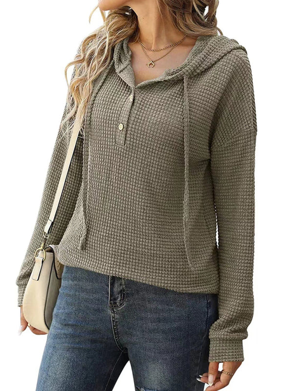 Women's Solid Color Warm Button Front Waffle Knit Henley Hoodie Top