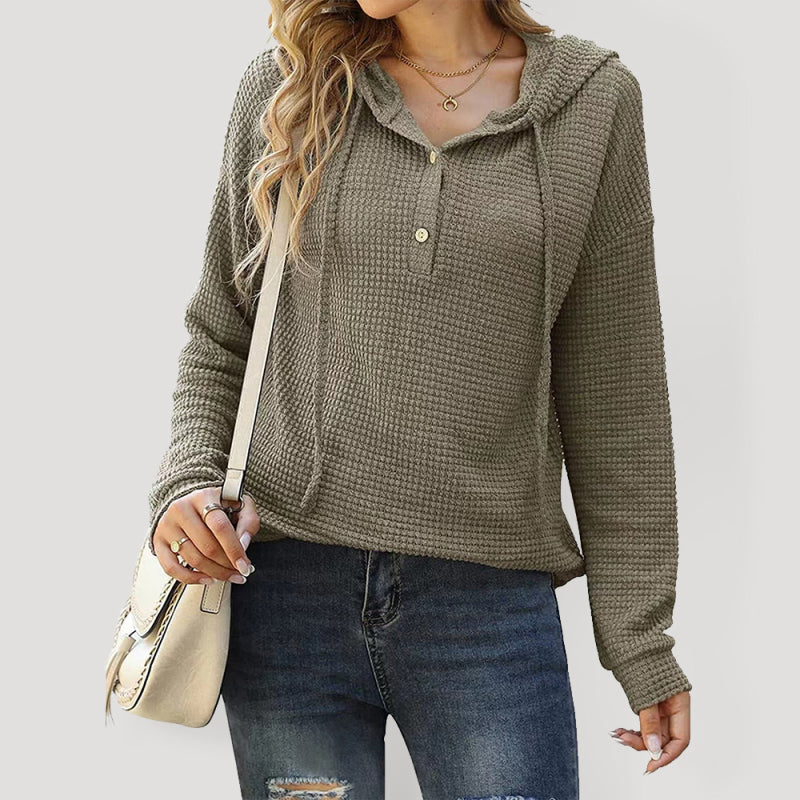 Women's Solid Color Warm Button Front Waffle Knit Henley Hoodie Top