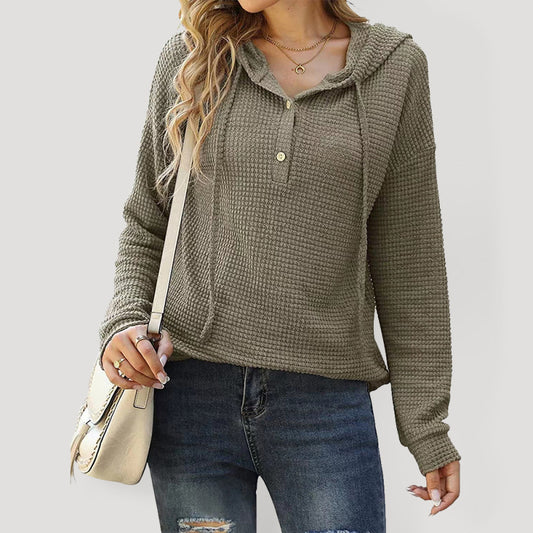 Women's Solid Color Warm Button Front Waffle Knit Henley Hoodie Top