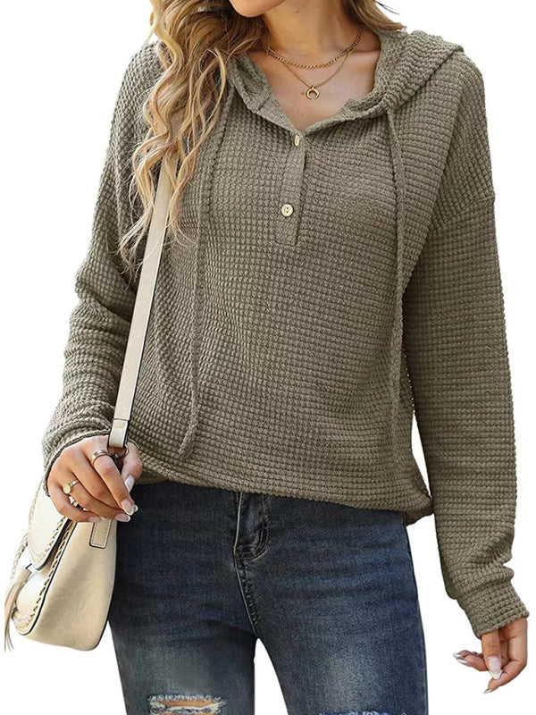 Women's Solid Color Warm Button Front Waffle Knit Henley Hoodie Top