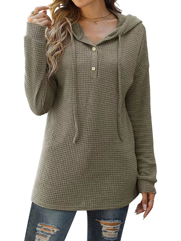 Women's Solid Color Warm Button Front Waffle Knit Henley Hoodie Top