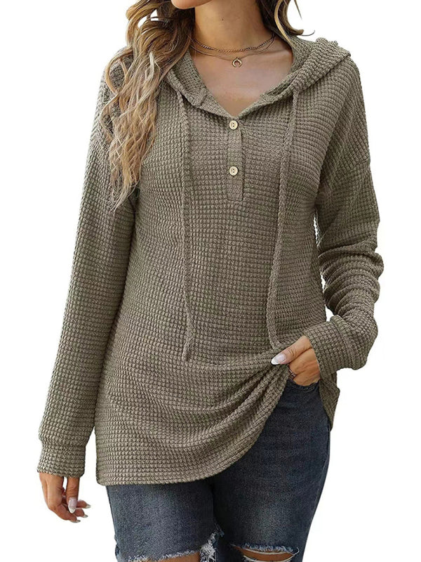 Women's Solid Color Warm Button Front Waffle Knit Henley Hoodie Top