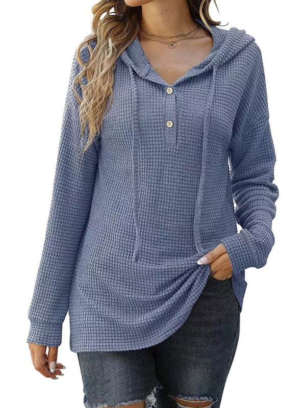 Women's Solid Color Warm Button Front Waffle Knit Henley Hoodie Top