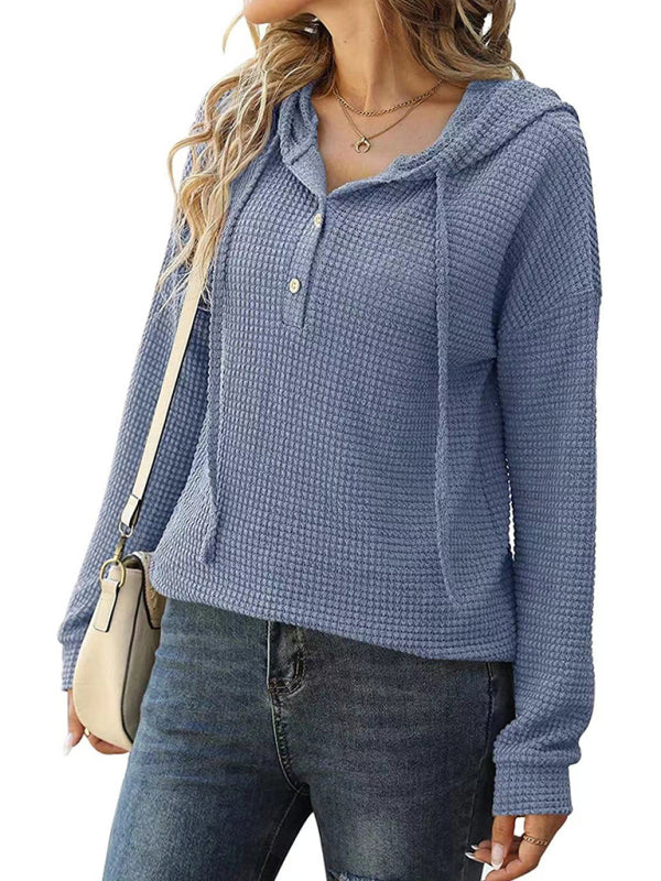 Women's Solid Color Warm Button Front Waffle Knit Henley Hoodie Top