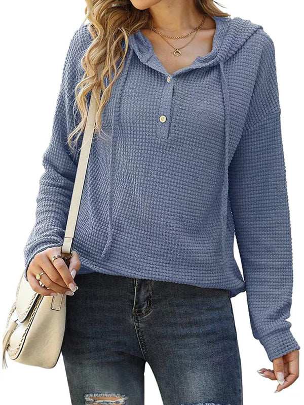Women's Solid Color Warm Button Front Waffle Knit Henley Hoodie Top
