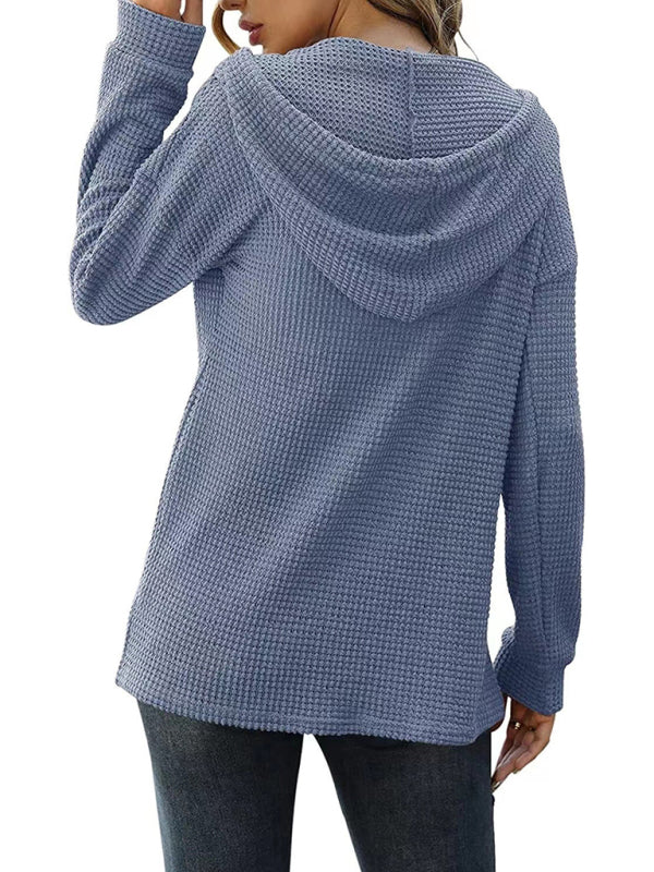 Women's Solid Color Warm Button Front Waffle Knit Henley Hoodie Top