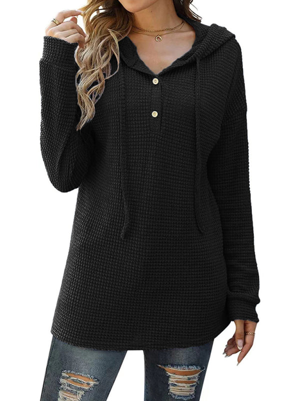 Women's Solid Color Warm Button Front Waffle Knit Henley Hoodie Top