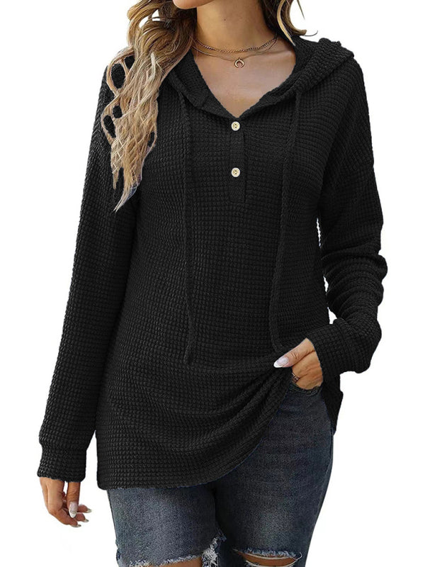 Women's Solid Color Warm Button Front Waffle Knit Henley Hoodie Top