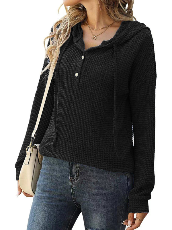 Women's Solid Color Warm Button Front Waffle Knit Henley Hoodie Top