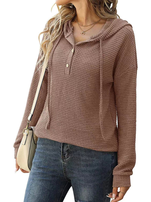 Women's Solid Color Warm Button Front Waffle Knit Henley Hoodie Top
