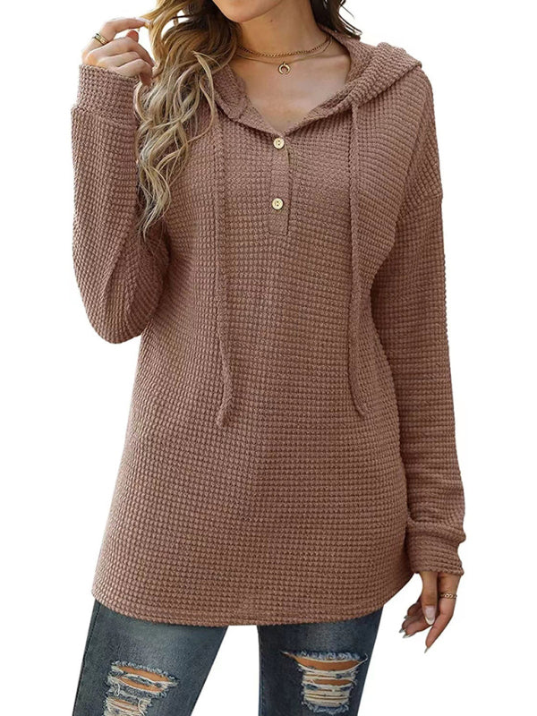 Women's Solid Color Warm Button Front Waffle Knit Henley Hoodie Top
