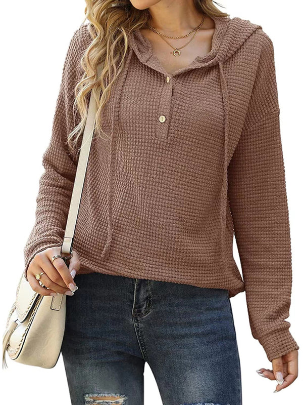 Women's Solid Color Warm Button Front Waffle Knit Henley Hoodie Top