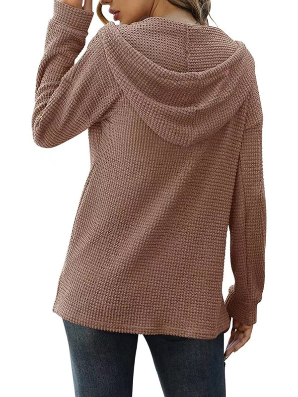 Women's Solid Color Warm Button Front Waffle Knit Henley Hoodie Top