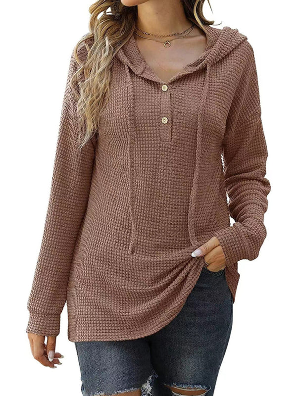 Women's Solid Color Warm Button Front Waffle Knit Henley Hoodie Top