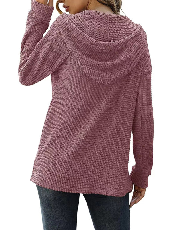 Women's Solid Color Warm Button Front Waffle Knit Henley Hoodie Top