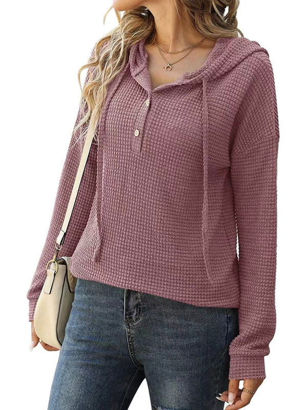 Women's Solid Color Warm Button Front Waffle Knit Henley Hoodie Top