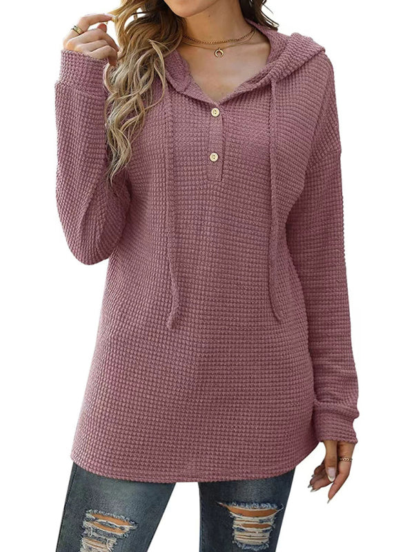 Women's Solid Color Warm Button Front Waffle Knit Henley Hoodie Top