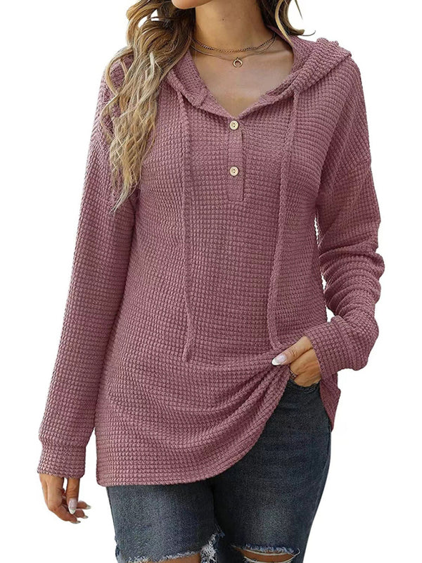 Women's Solid Color Warm Button Front Waffle Knit Henley Hoodie Top