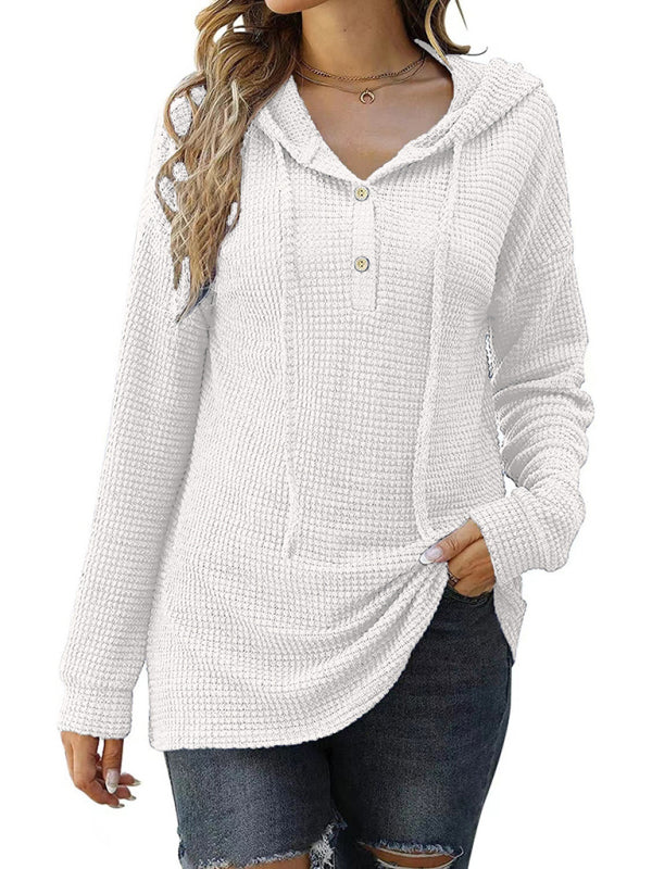 Women's Solid Color Warm Button Front Waffle Knit Henley Hoodie Top