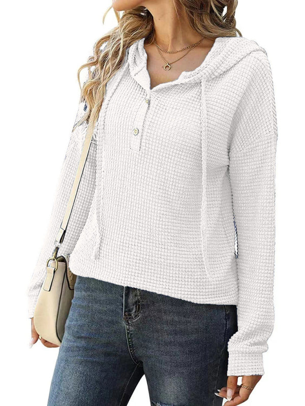 Women's Solid Color Warm Button Front Waffle Knit Henley Hoodie Top