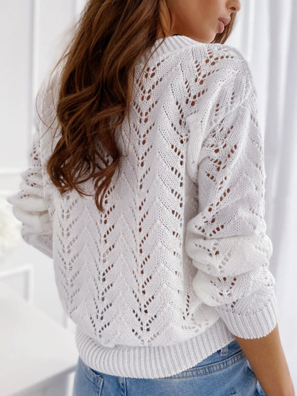 Women's Solid Color Open Stitch Long Sleeve Sweater