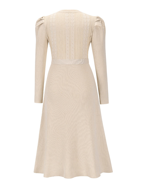 Women's Crew Neck Ruffle Cable Knit Sweater Midi Dress