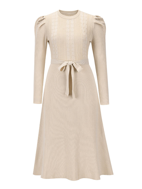 Women's Crew Neck Ruffle Cable Knit Sweater Midi Dress