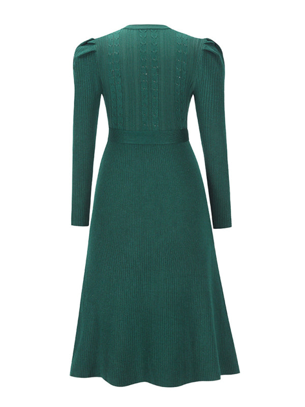Women's Crew Neck Ruffle Cable Knit Sweater Midi Dress