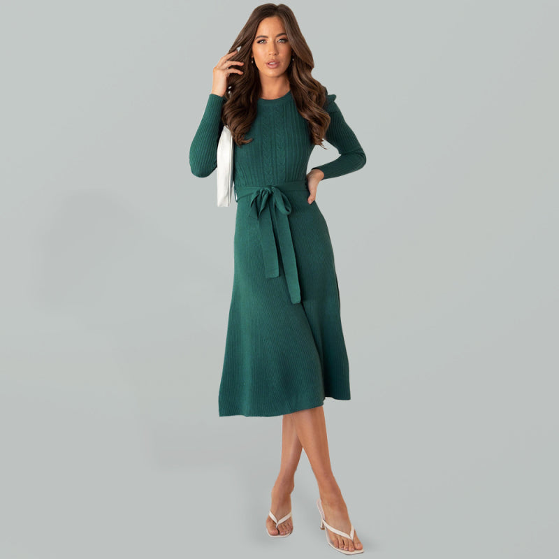 Women's Crew Neck Ruffle Cable Knit Sweater Midi Dress