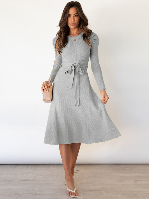Women's Crew Neck Ruffle Cable Knit Sweater Midi Dress