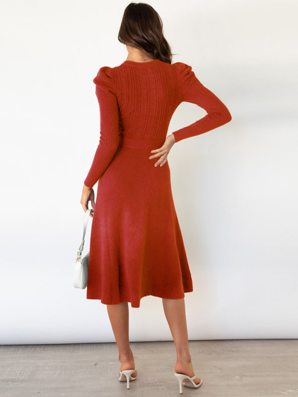 Women's Crew Neck Ruffle Cable Knit Sweater Midi Dress